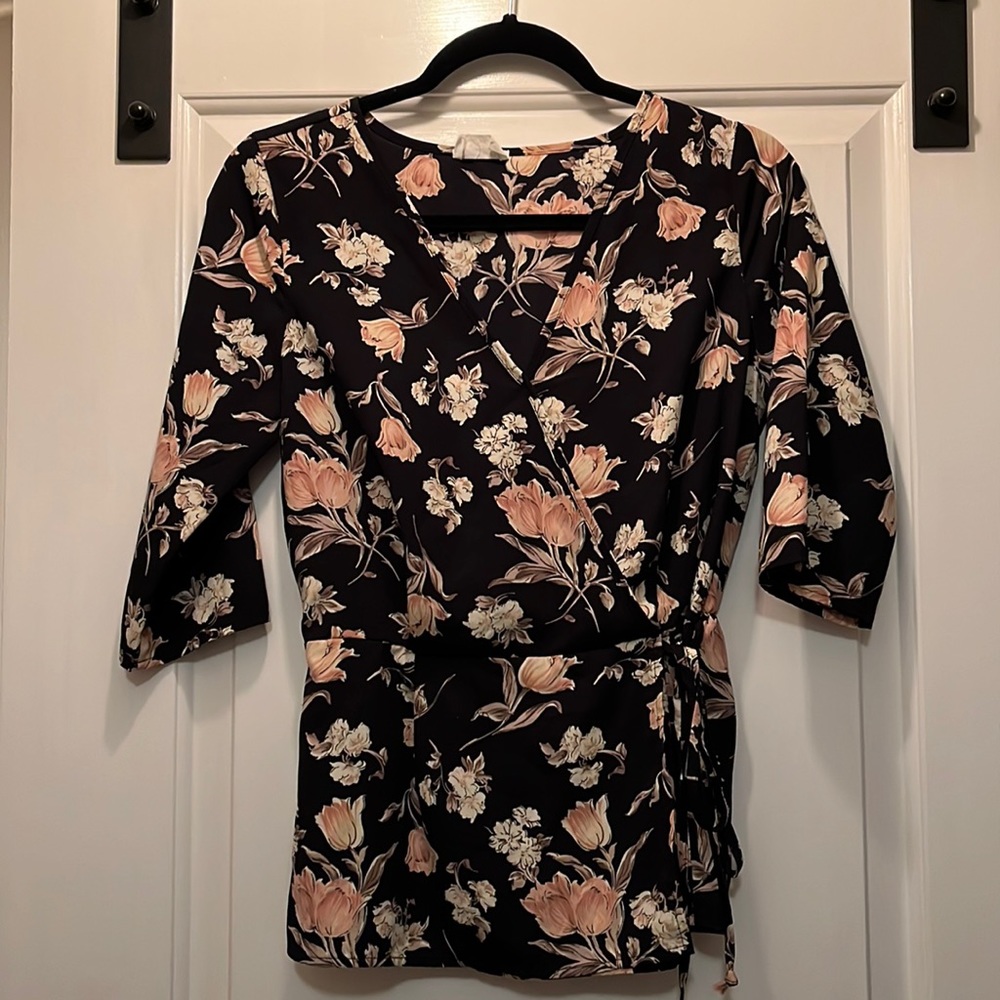 Sienna Sky crossover tie blouse 3/4 sleeve black/pink floral peplum